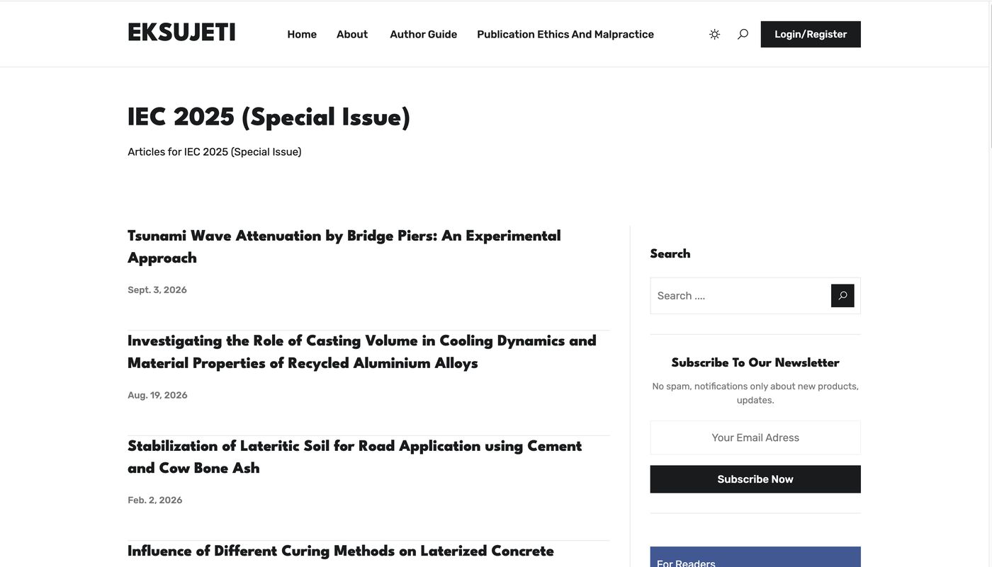 EKSUJETI journal website showing a special issue article list